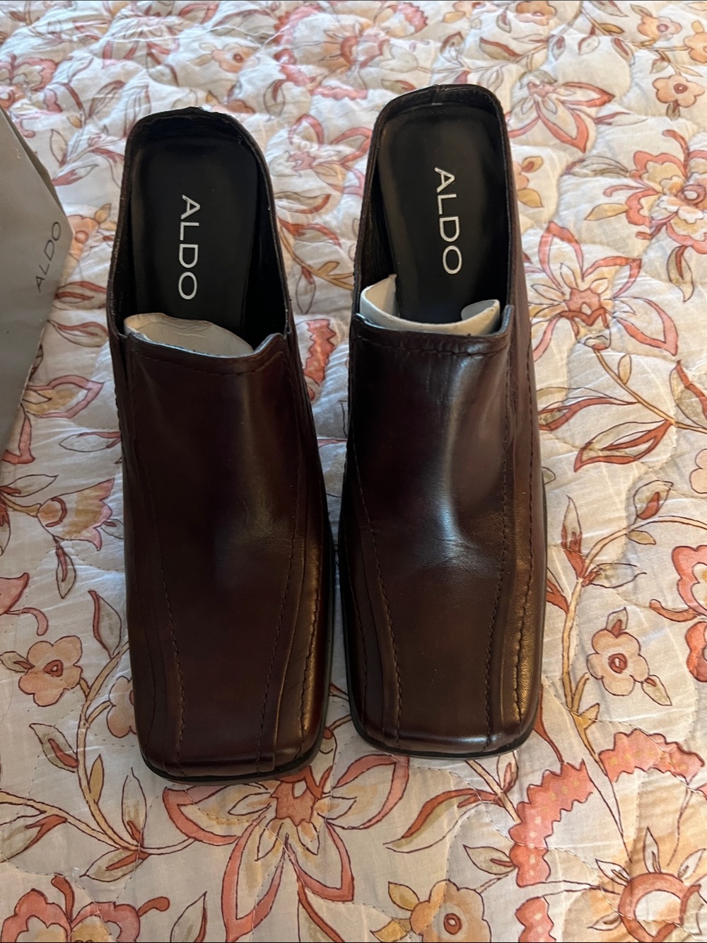 ALDO Women's Dark Brown Square-Toe Leather Heeled Boots